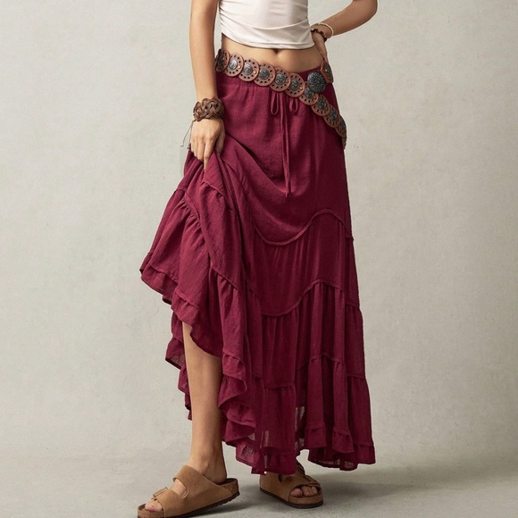 Plus Solid Stretchy Drawstring Waist Ruffle Hem Maxi Skirt - Picture 2 of 7